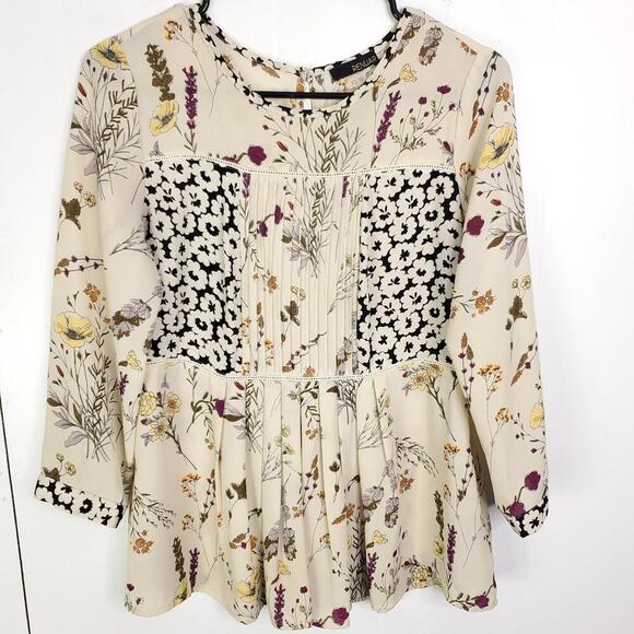 Renuar Top Womens Peplum Pintuck Prairie Cottage Mixed Media Flowers Feminine - Picture 1 of 11